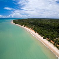 Aerial view Green sea at a brazilian beach coast on a sunny day in Cumuruxatiba, Bahia, Brazil. february, 2017.